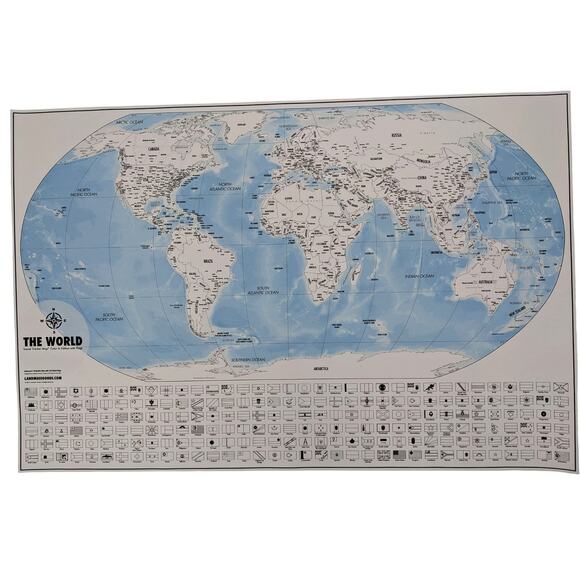 WORLD MAP TRAVEL POSTER Ready to Color-In 24x36 Countries Flags ~ Landmass Goods - Picture 2 of 8